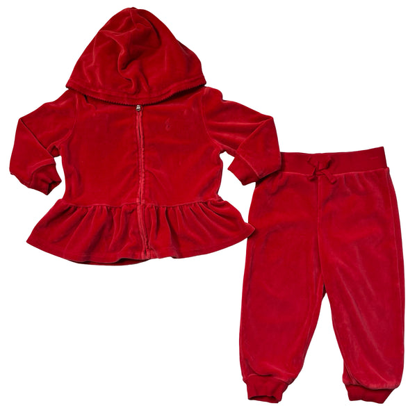 Ralph Lauren Red Velour Joggers & Zip-Up Hooded Sweatshirt Set - Size 18 Mo