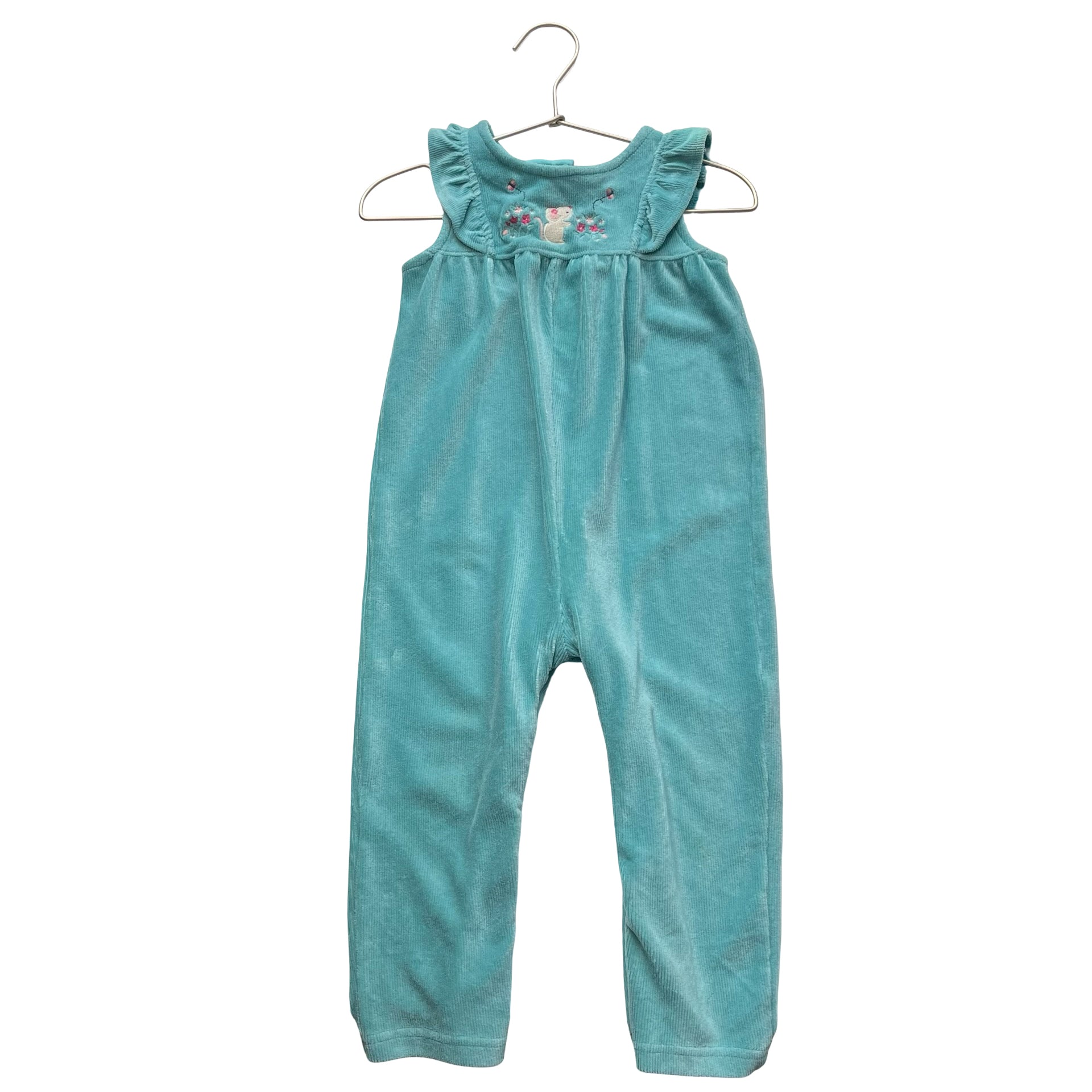 JoJo Maman Bebe Teal Ribbed Velour Embroidered Mouse Overalls - Size 18-24 Mo