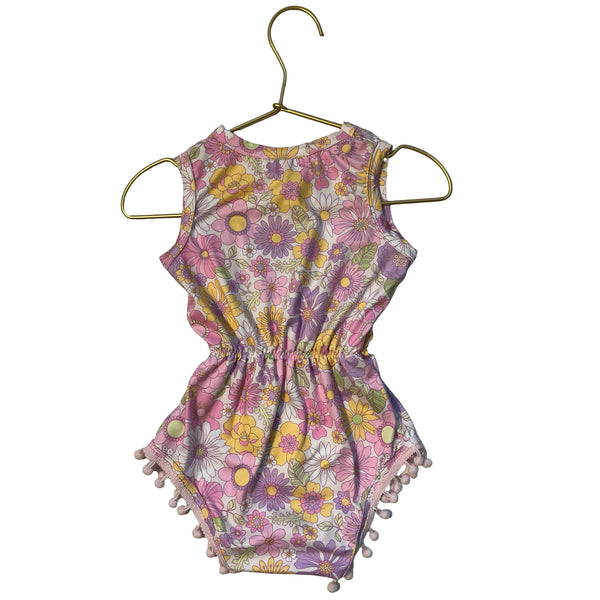 Mila & Rose Pastel Flower Print Pom-Pom Bubble Romper - Size 6-12 Mo