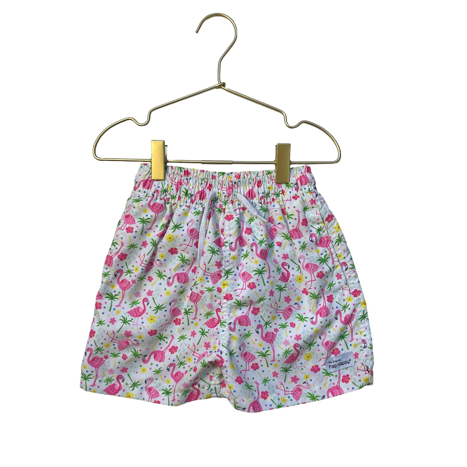 Flap Happy White & Pink Flamingo Print Swim Shorts - Size 4