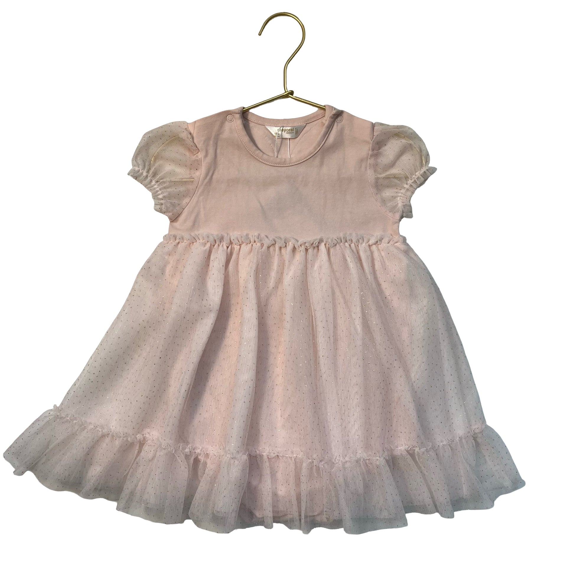 Mayoral Pink & Gold Glitter Dot Tulle Dress, Butterfly Wings - Size 18 Mo