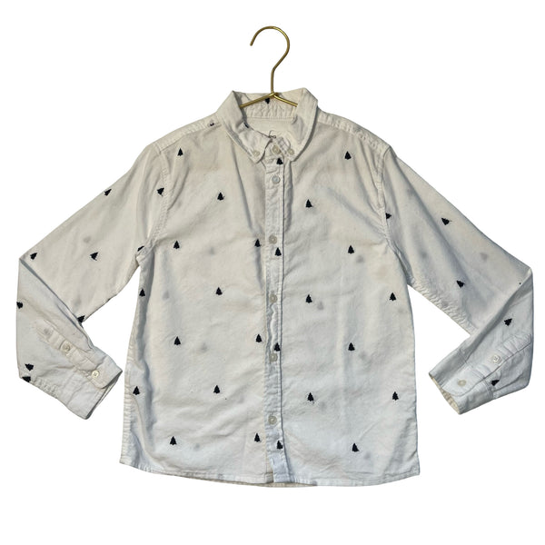 Mango Off-White & Navy Embroidered Christmas Tree Button Down Shirt - Size 8