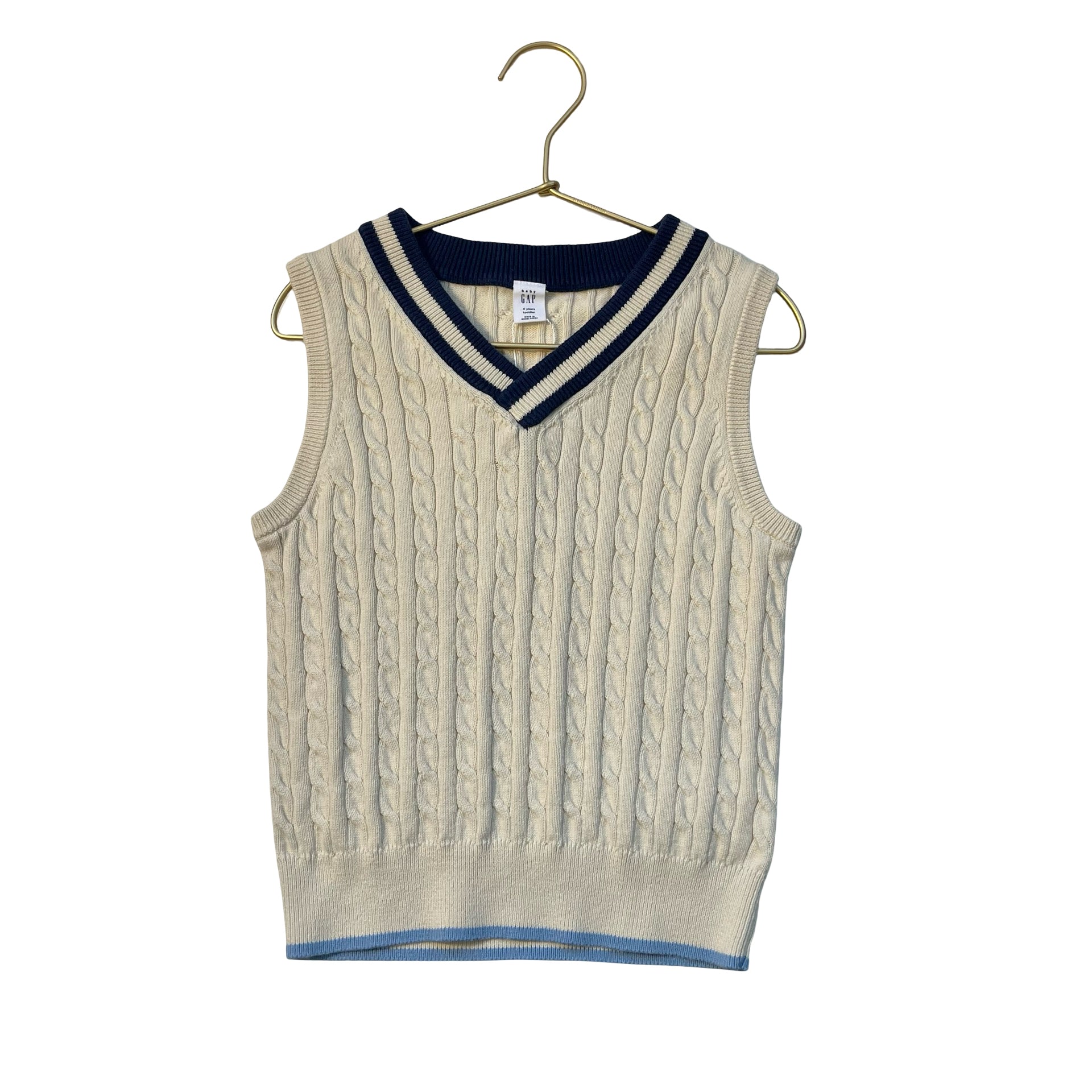 Baby Gap Ivory Cotton Cable Knit Sweater Vest, Blue Trim - Size 4