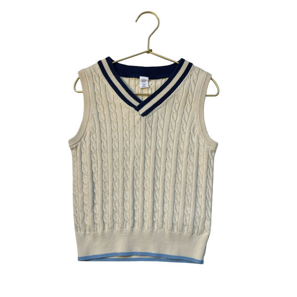 Baby Gap Ivory Cotton Cable Knit Sweater Vest, Blue Trim - Size 4