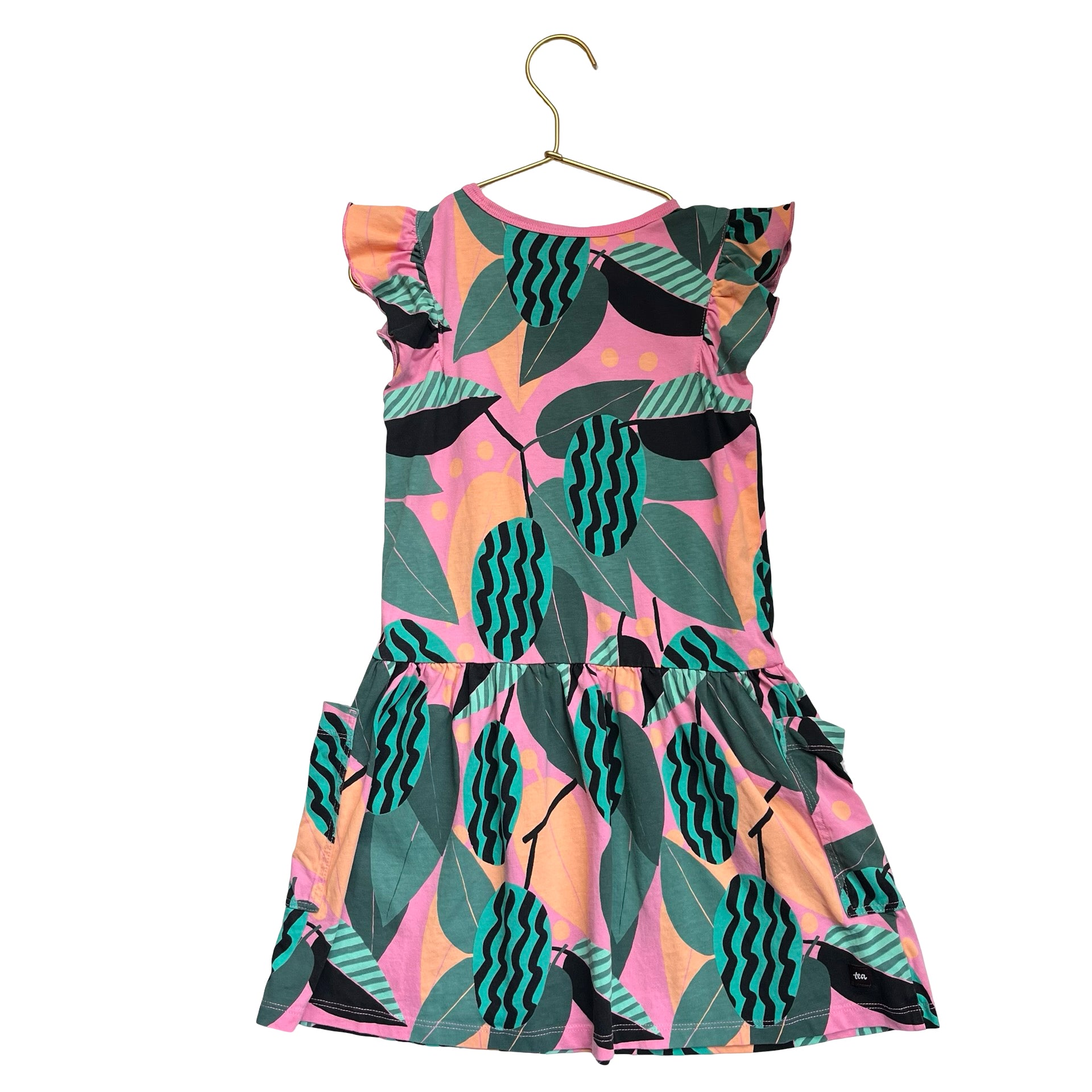 Tea Collection Pink, Green, Black Leaf Print Dress - Size 6
