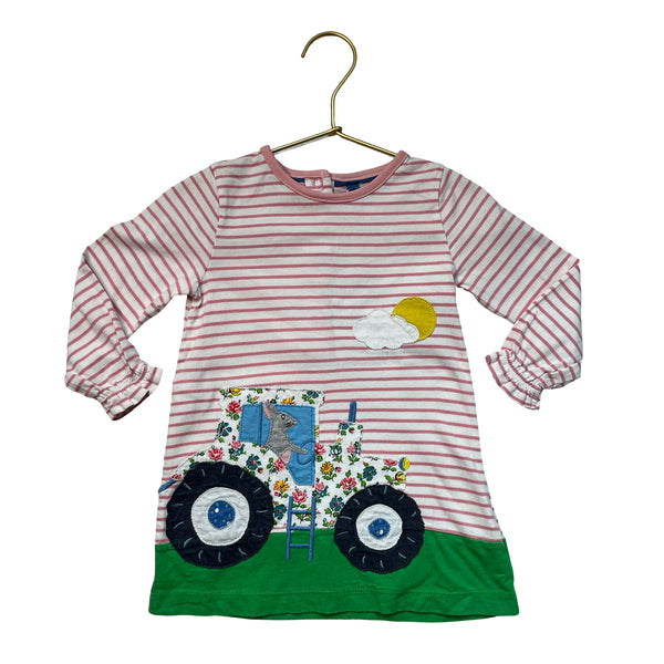 Baby Boden Pink Striped Farm Animal & Tractor Applique Dress - Size 12-18 Mo