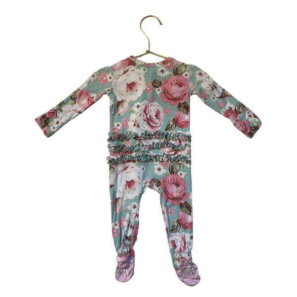 Posh Peanut Sage Green Floral Ruffle Footed One-Piece - Size 0-3 Mo