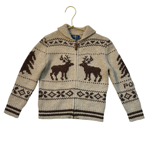 Polo Ralph Lauren Tan & Brown Moose Wool-Blend Zip-Up Cardigan Sweater - Size 5