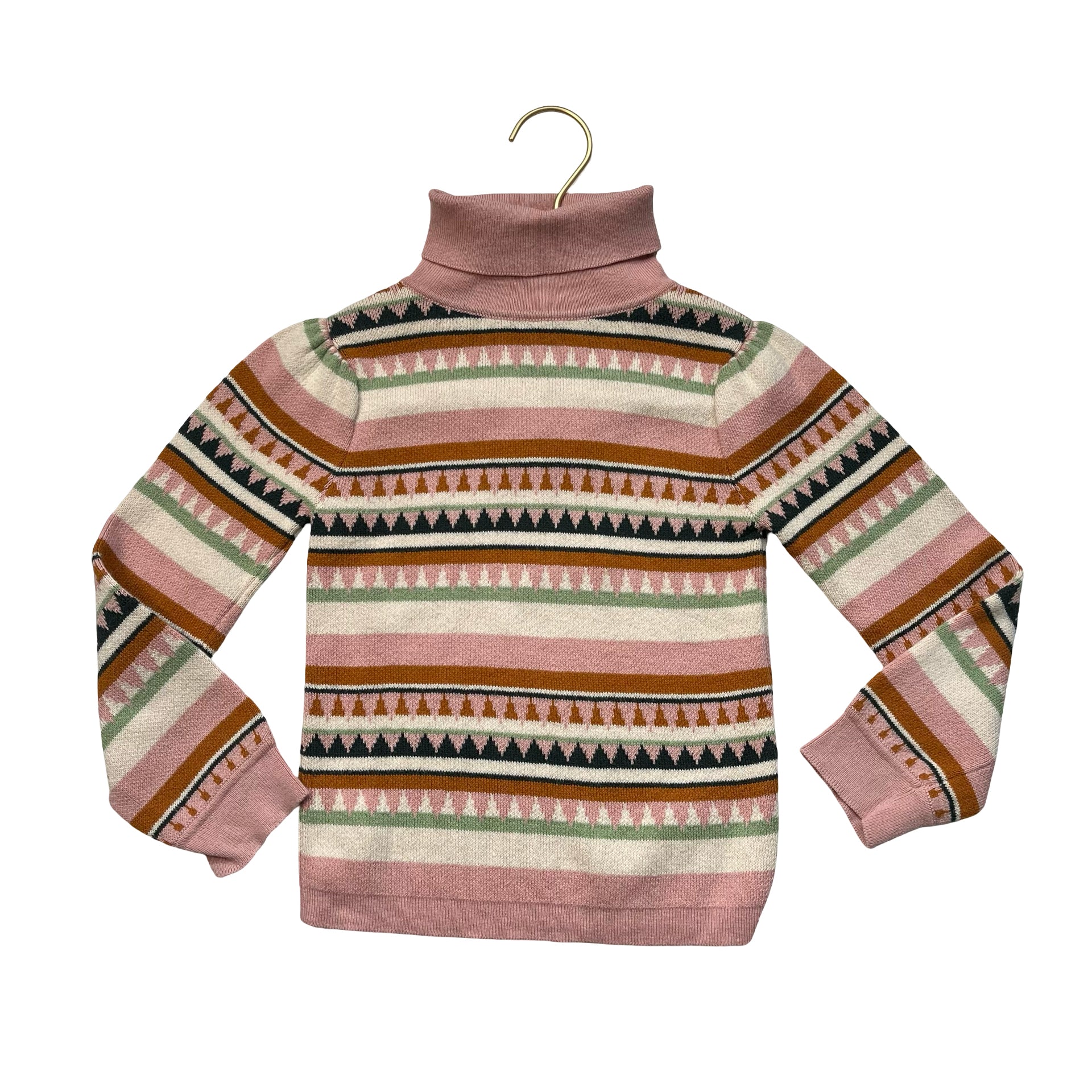 Misha & Puff Ivory, Pink, Green, Orange Pattern Cotton Turtleneck Sweater - 4Y