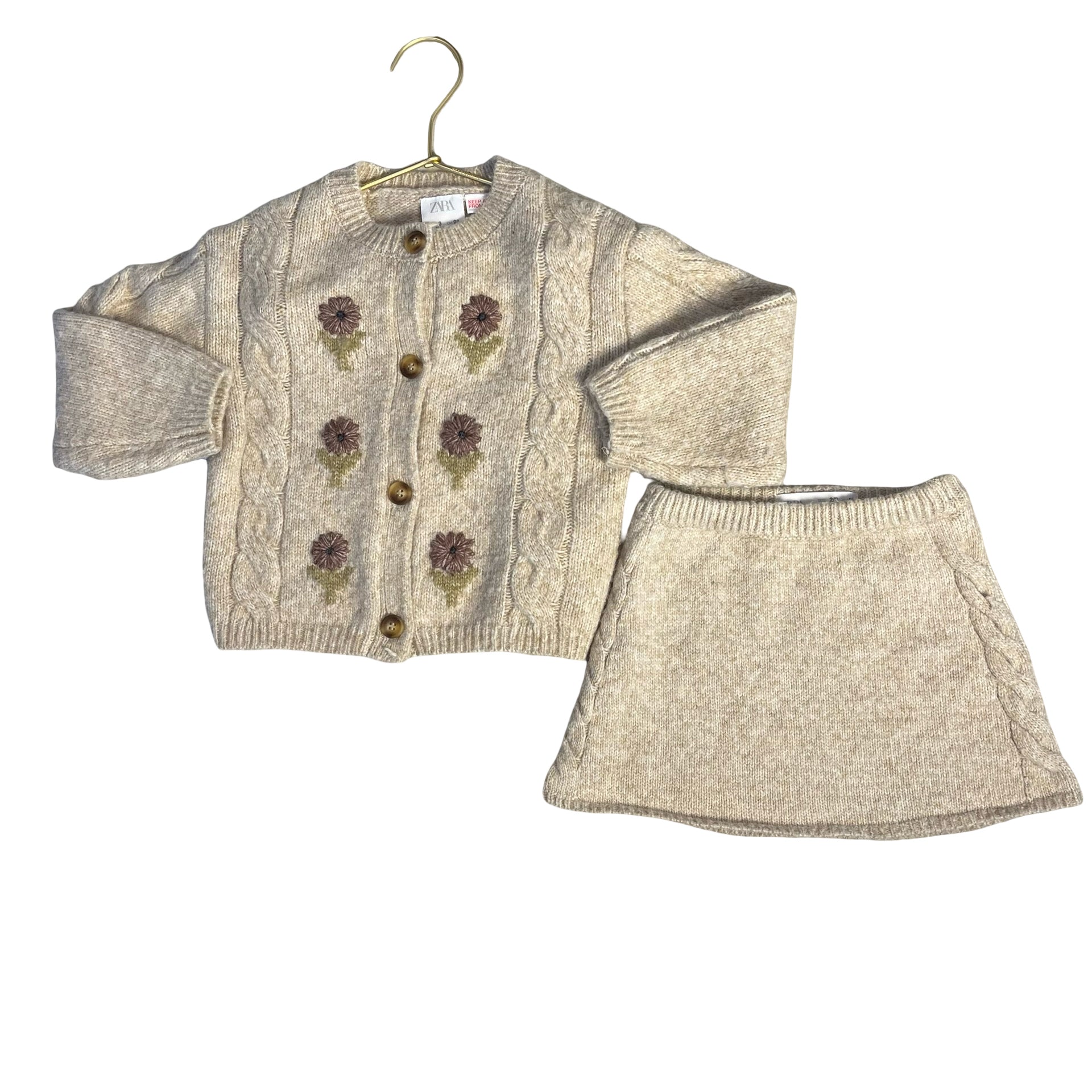 Zara Tan Flower Cardigan Sweater (Size 3) and Knit Skirt Set - Size 2-3