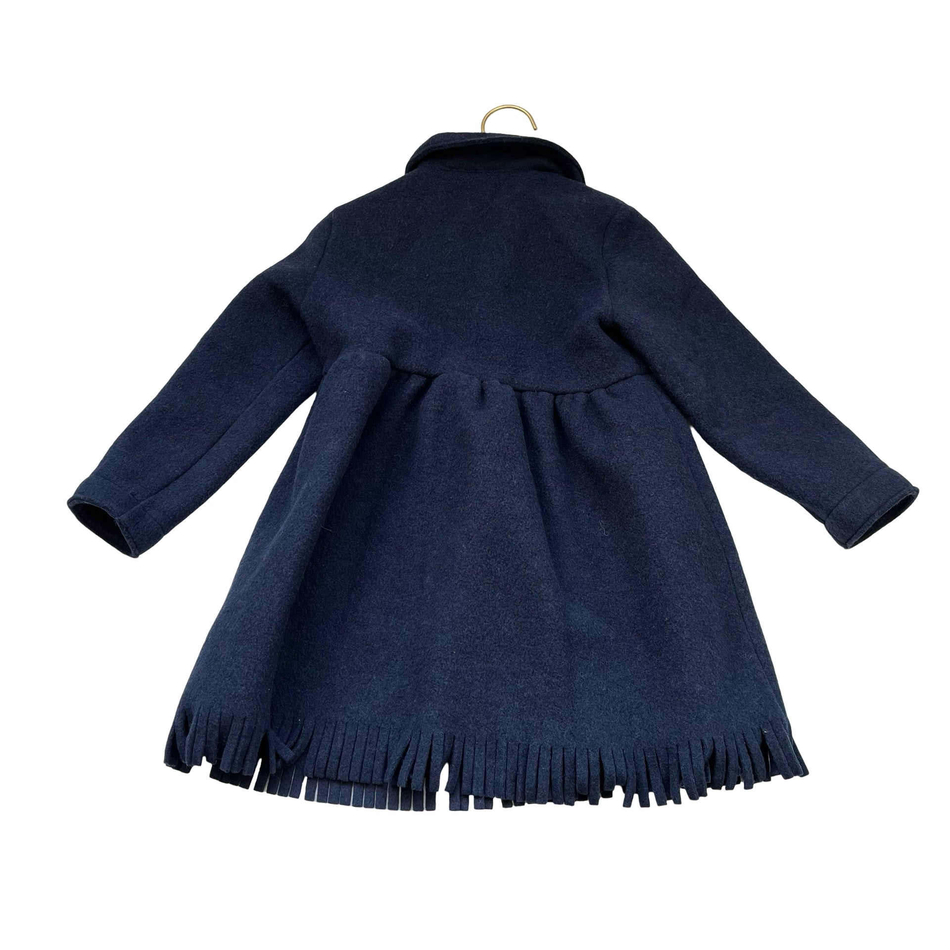 Il Gufo Navy Felted Jacket, Fringe Hem - Size 4A