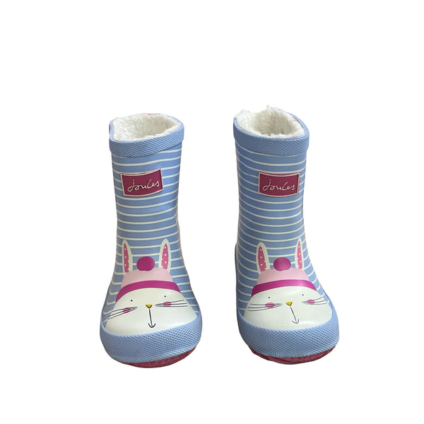 Joules Faux Fur Lined Light Blue Striped Bunny Rain Boots - Size US 8