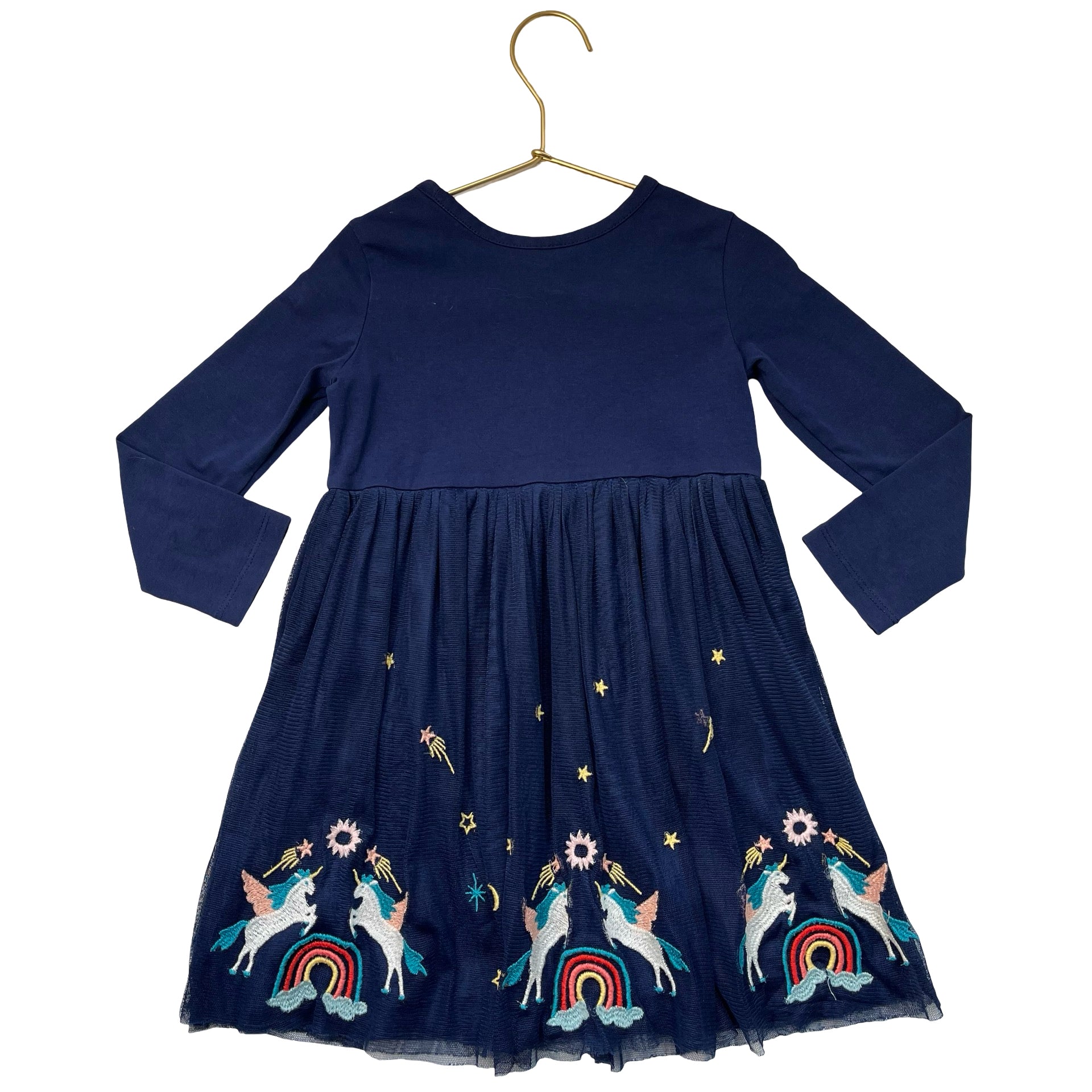 Hanna Andersson Navy Embroidered Unicorn & Rainbow Tulle Dress - Size 3T
