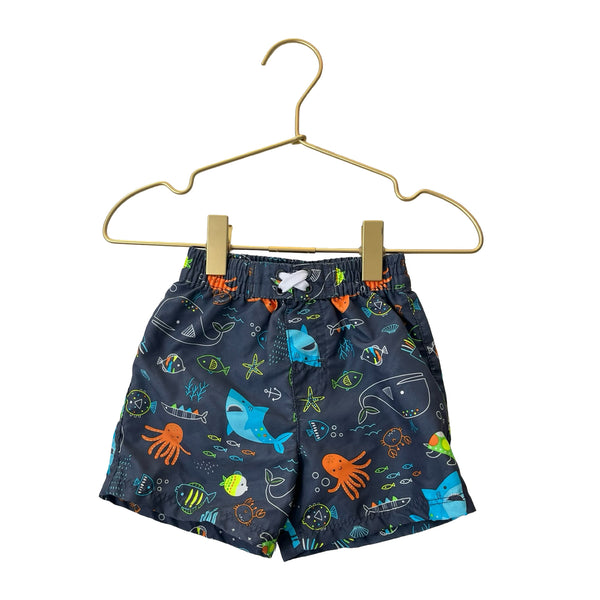 Wonder Nation Dark Gray & Multi-Color Under The Sea Swim Shorts - Size 12 Mo