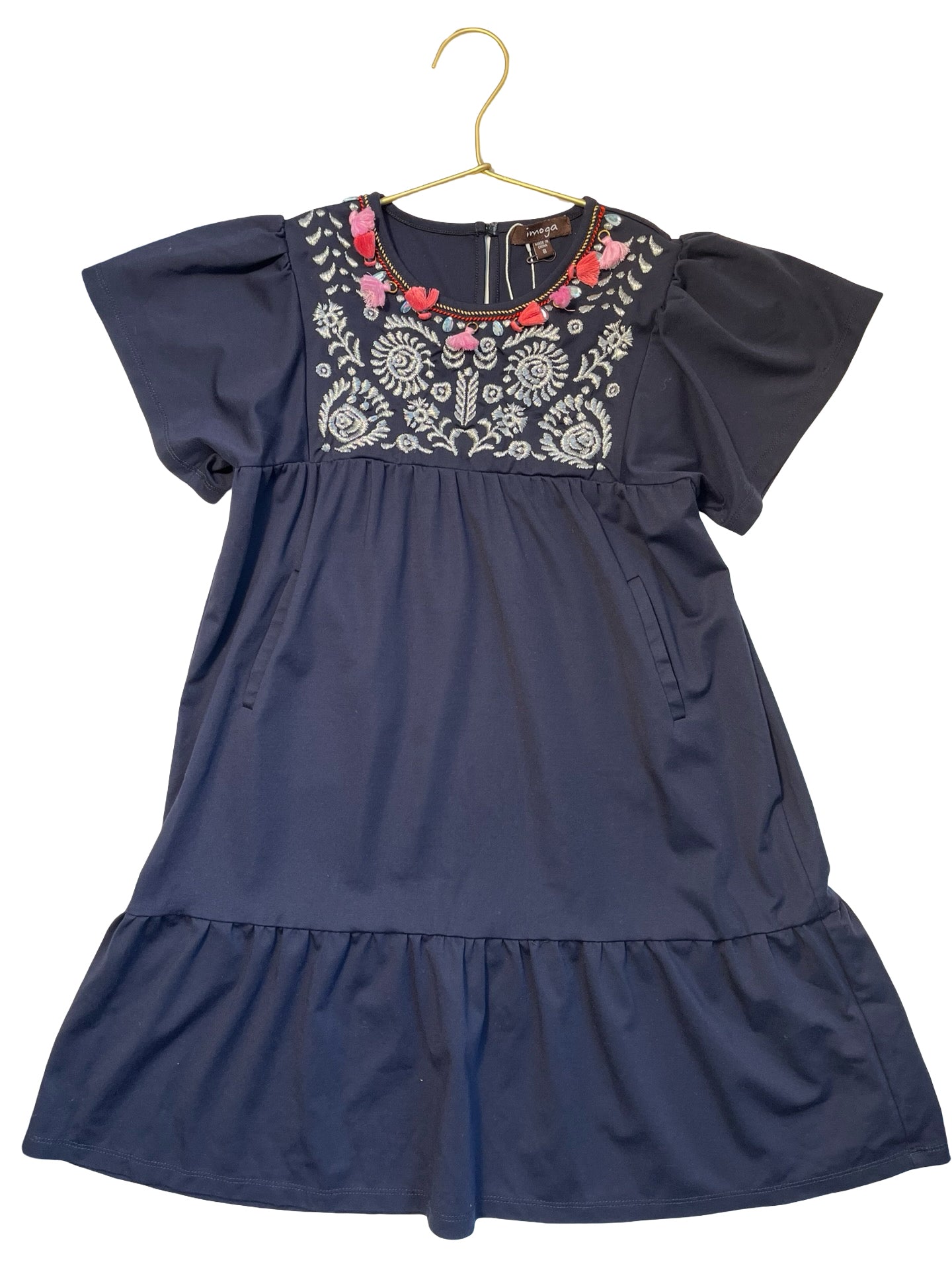 Imoga Navy & Silver Embroidered Dress, Pink Tassels - Size 8
