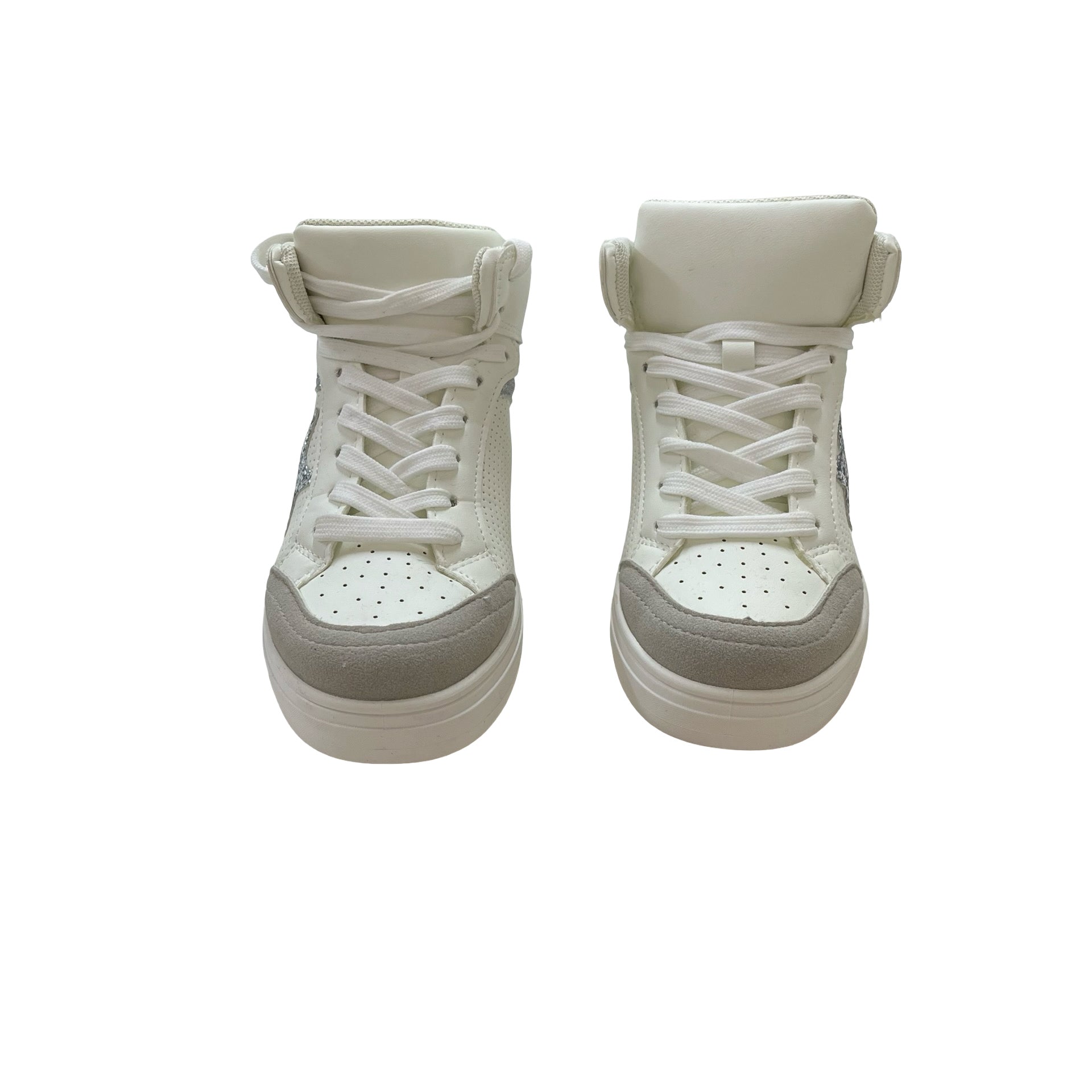 Kensie Off-White & Silver High Top Sneakers - Size 1Y Big Kid