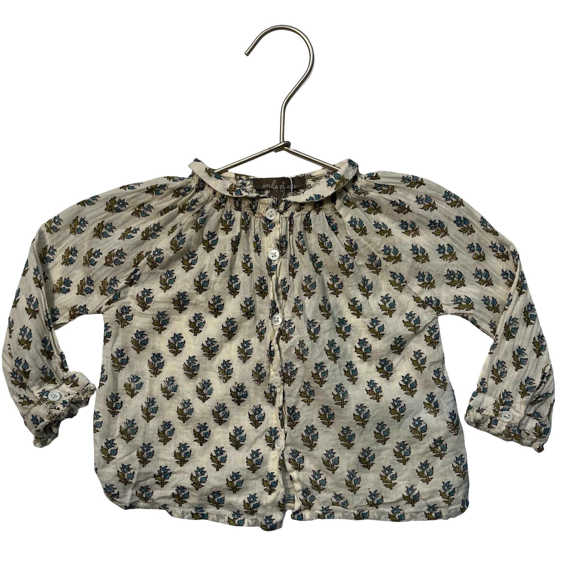 Emile et Ida Ivory & Teal Flower Print Blouse - Size 6 Mo