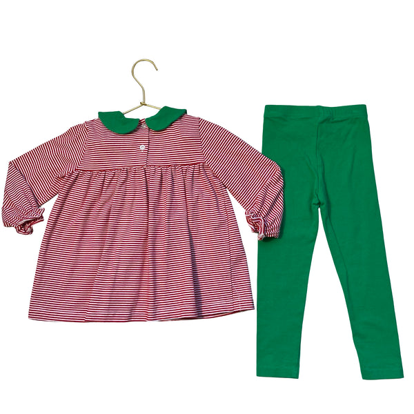 Stitchy Fish Red Striped Top & Green Leggings - Size 3T