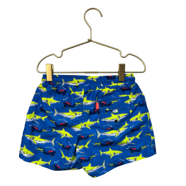 Sunuva Blue Shark & Scuba Print Swim Shorts -  Size 5-6