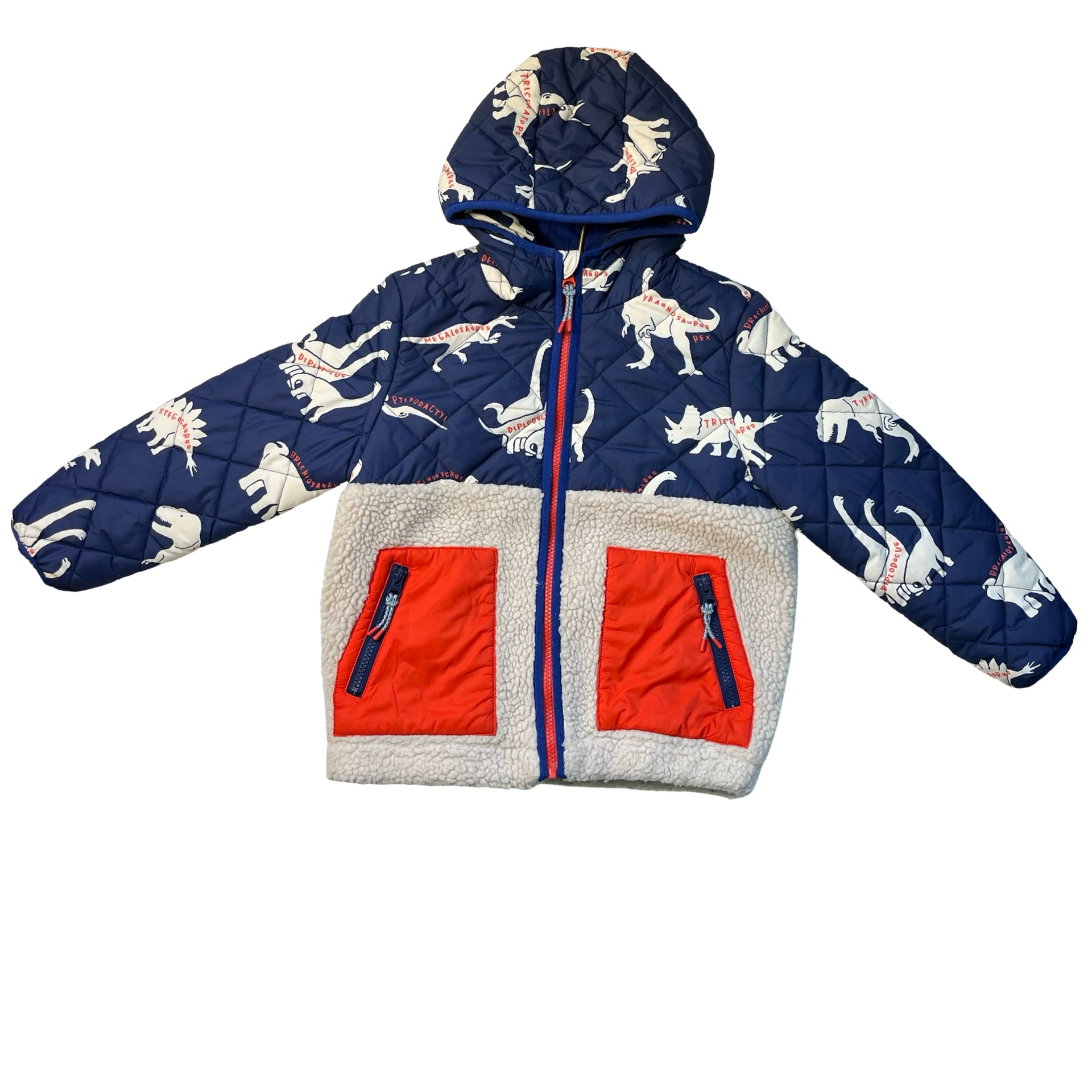 Mini Boden Ivory Sherpa & Navy Quilted Dinosaur Print Hooded Jacket - Size 6-7Y