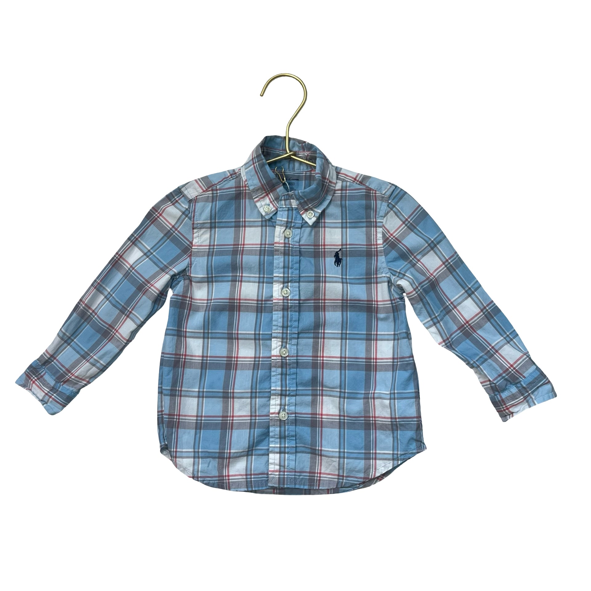 Ralph Lauren Light Blue, Ivory, Gray, Red Plaid Button Down Shirt - Size 18 Mo