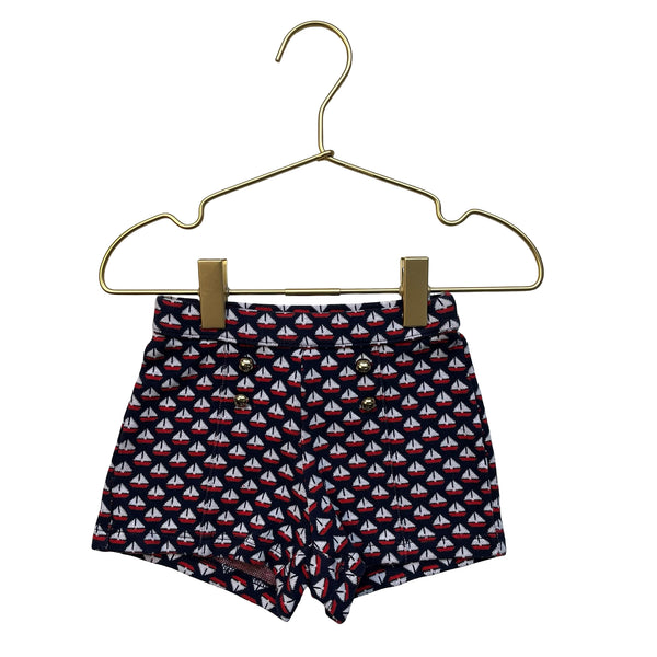 Janie and Jack Navy, White, Red Sailboat Print Cotton Knit Shorts - Size 6-12 Mo