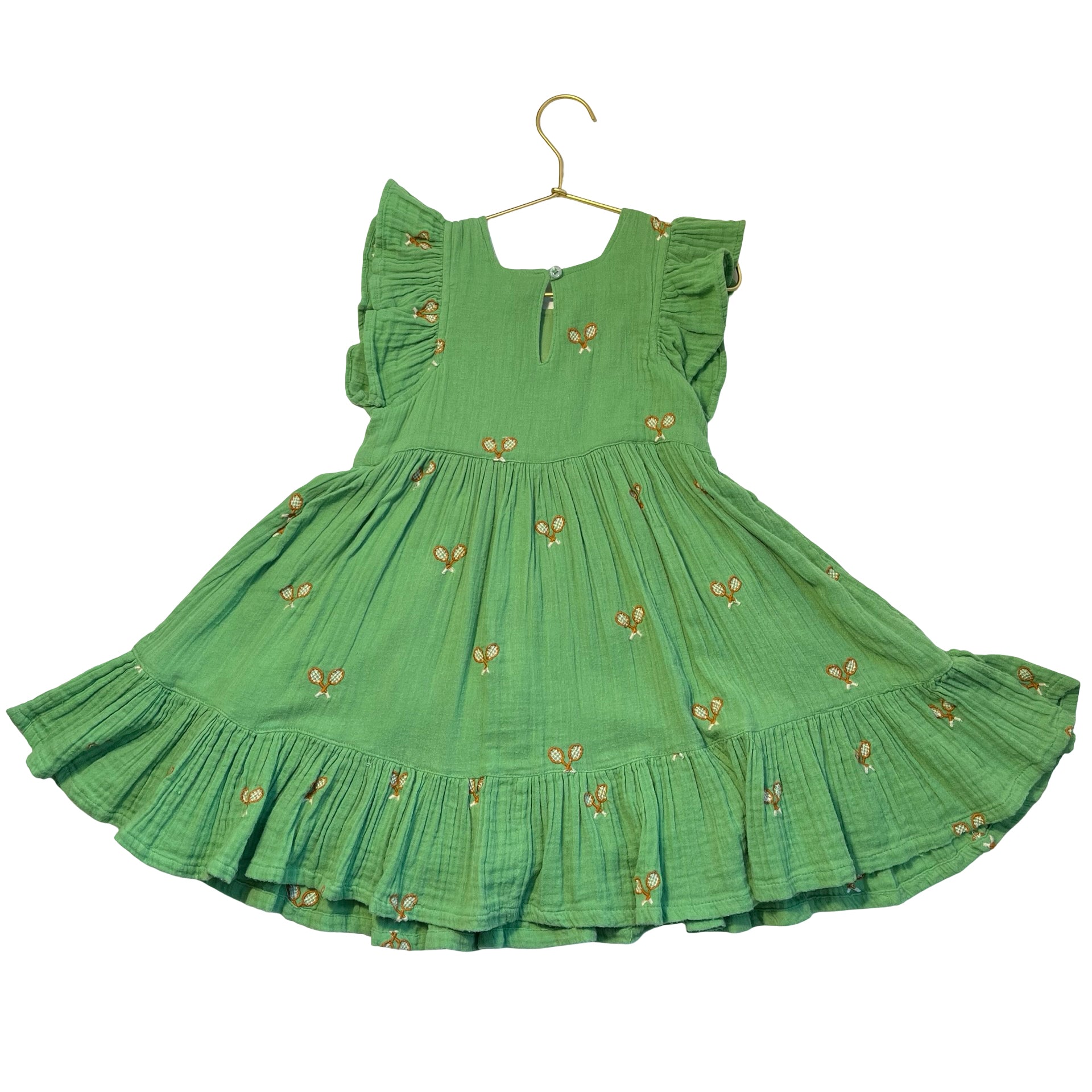 Pink Chicken Green Embroidered Tennis Racket Cotton Gauze Dress - Size 5Y