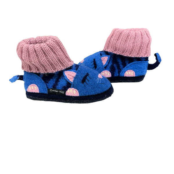 Garnet Hill Kids 100% Wool Blue Cat Slippers - Size 7