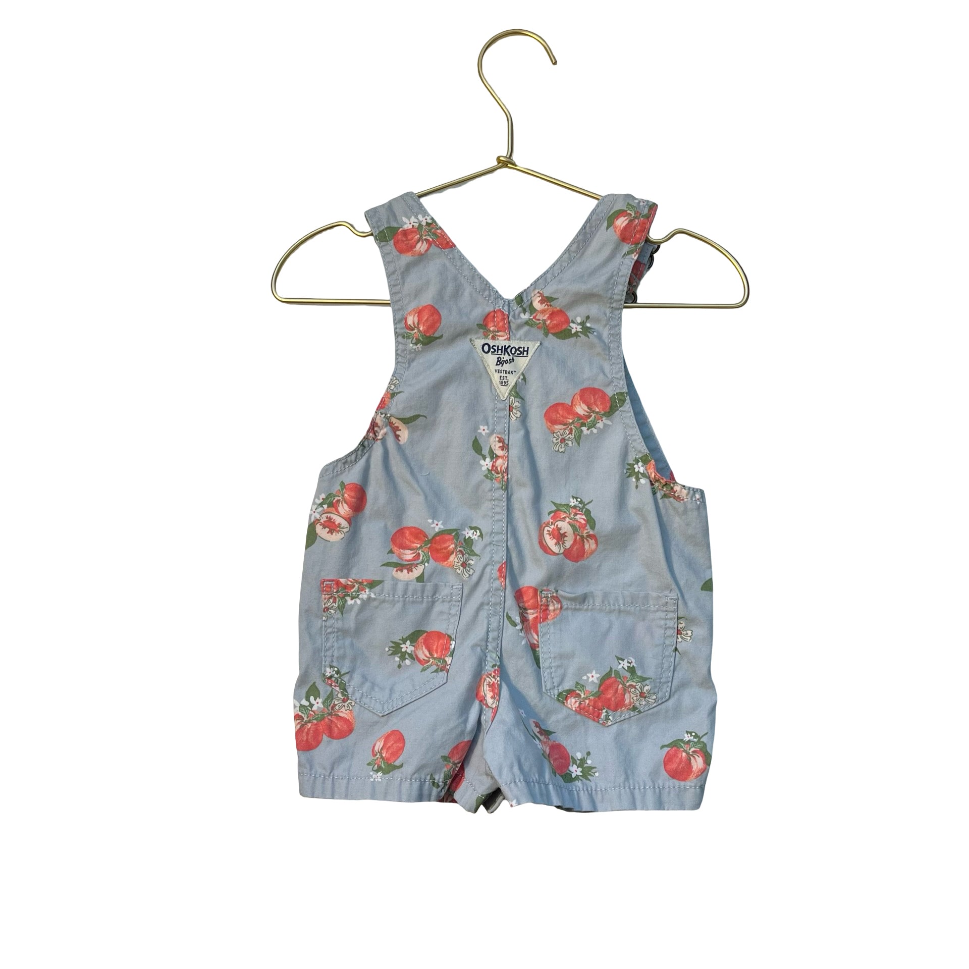 OshKosh Light Blue Peach Fruit Print Shortalls - Size 9 Mo