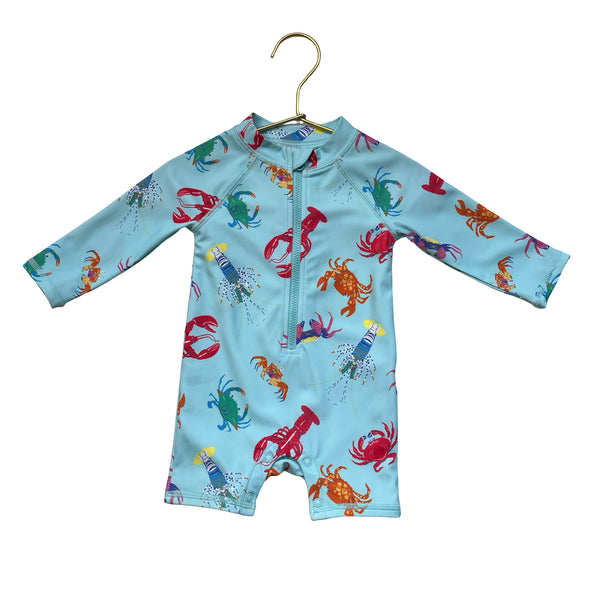 Janie and Jack Light Blue Lobster Print Swim Suit Romper - Size 3-6 Mo