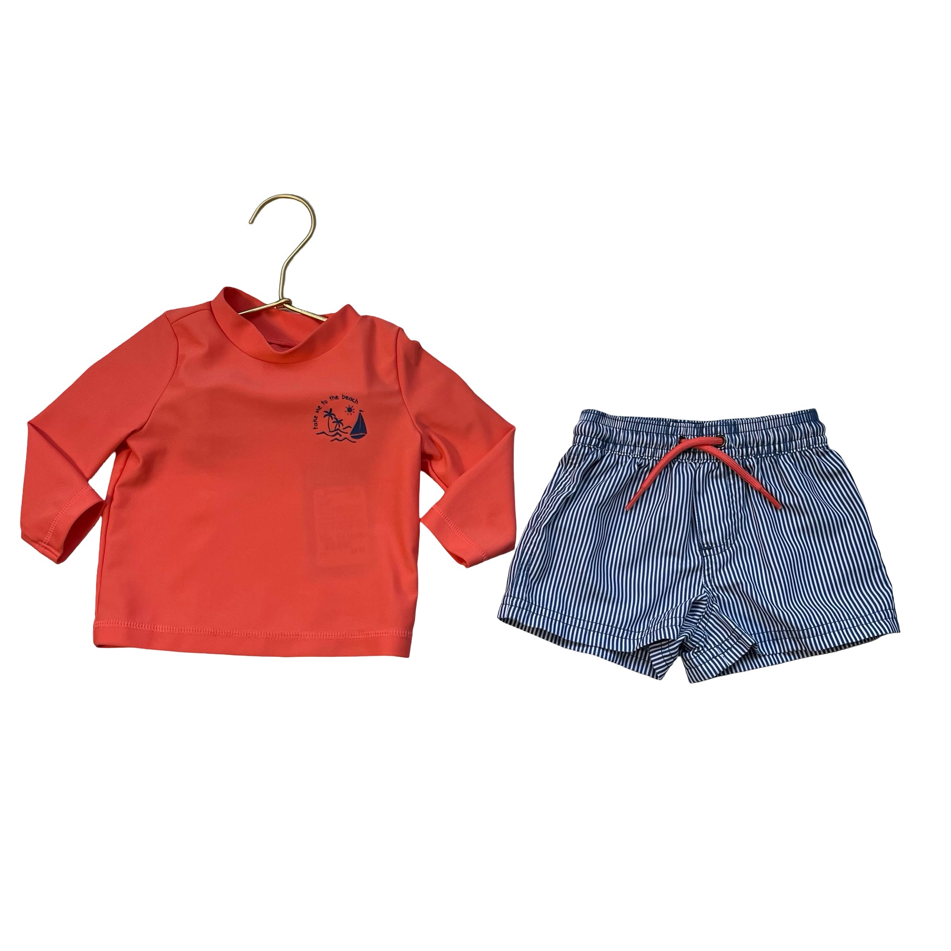 Carter's Coral Rash Guard & Navy Striped Swim Shorts Set - Size 6 Mo