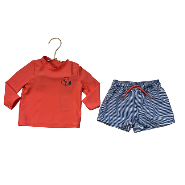 Carter's Coral Rash Guard & Navy Striped Swim Shorts Set - Size 6 Mo