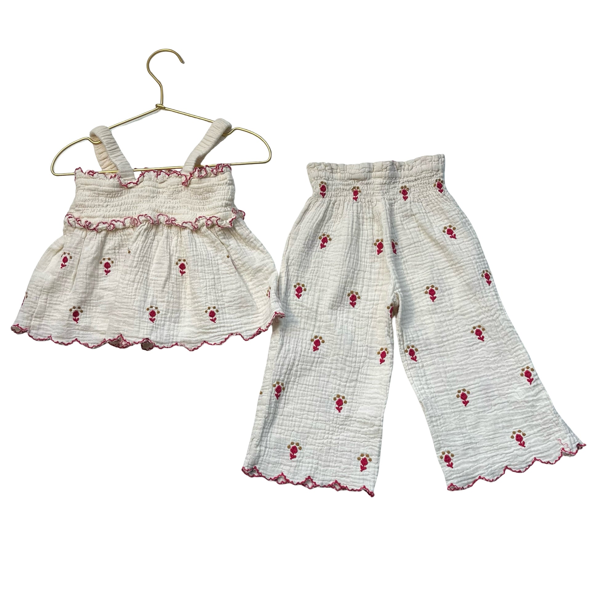 Zara Ivory & Red Embroidered Flower Pants & Tank Set - Size 2