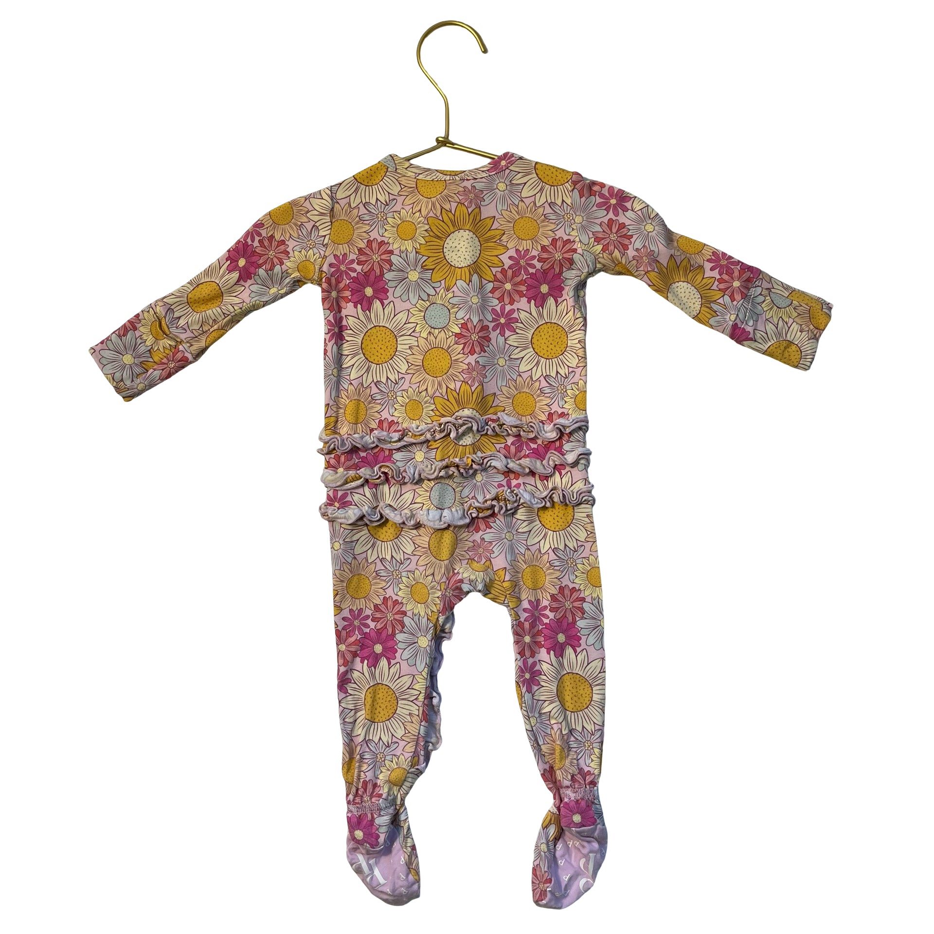 Posh Peanut Pink Flower Print Ruffle Footed One-Piece - Size 0-3 Mo