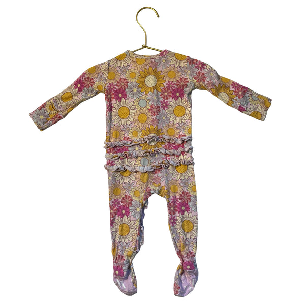 Posh Peanut Pink Flower Print Ruffle Footed One-Piece - Size 0-3 Mo