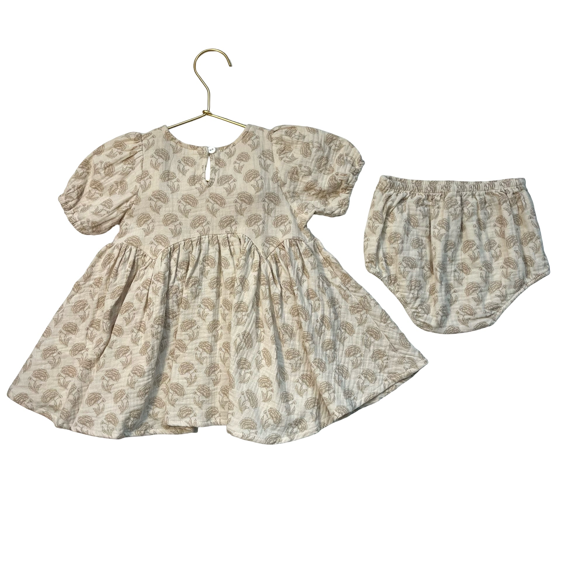 Rylee & Cru Ivory & Tan Flower Print Cotton Gauze Dress & Bloomers - 12-18 Mo