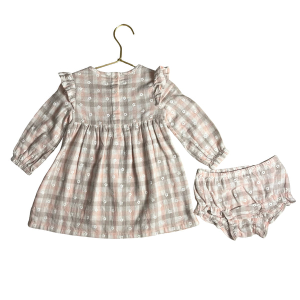 Nordstrom Ivory, Pink, Gray Plaid Flannel Dress & Bloomers - Size 12 Mo