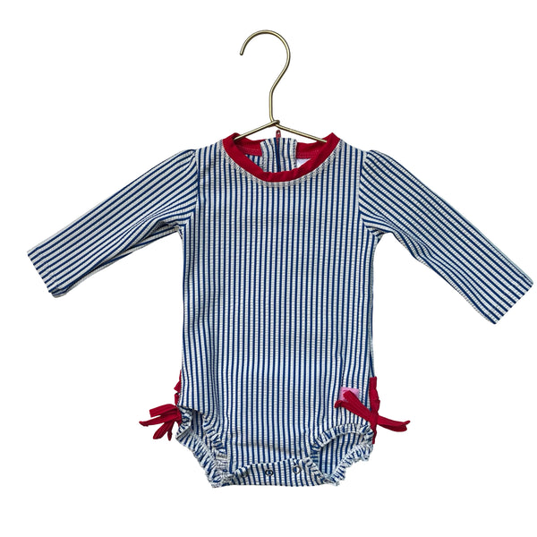 Ruffle Butts Navy & White Striped Seersucker Swim Suit - Size 6-12 Mo