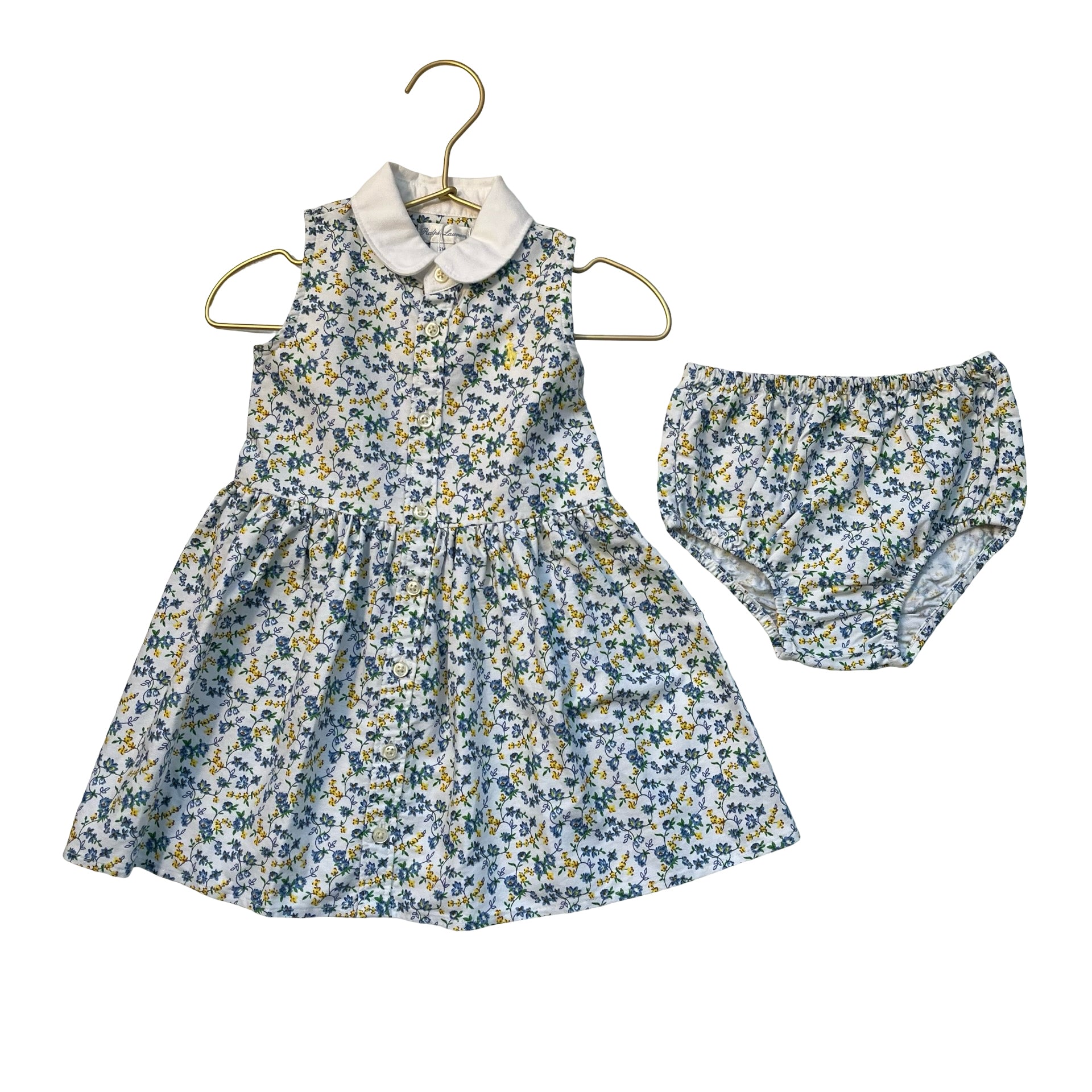 Ralph Lauren White, Yellow, Blue Floral Shirt Dress & Bloomers - Size 12 Mo