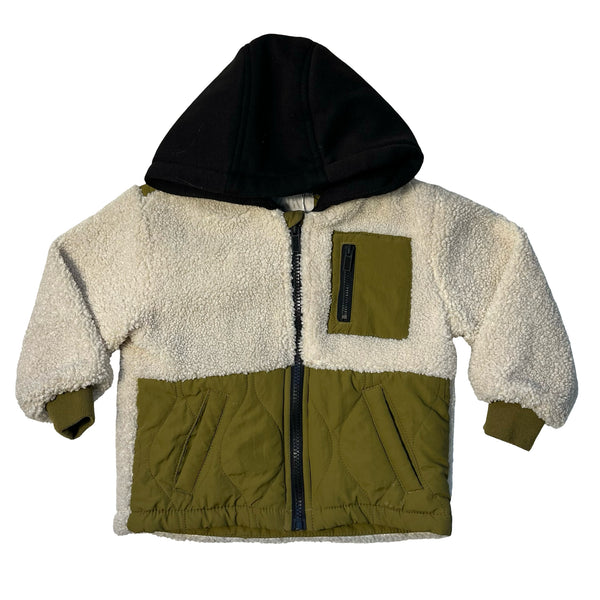 Zara Ivory, Black, Olive Sherpa Hooded Jacket - Size 18-24 Mo