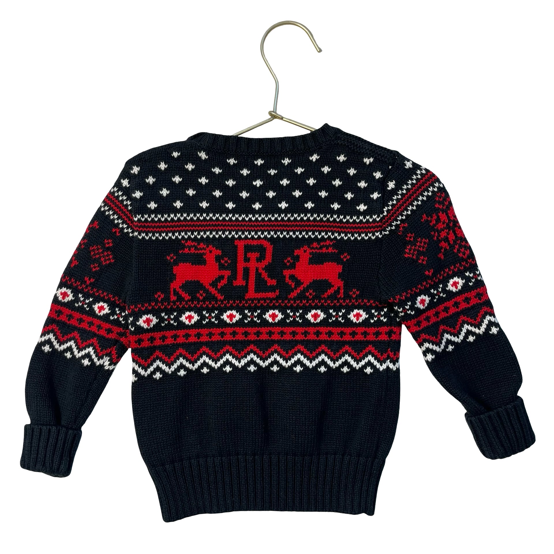 Ralph Lauren Black, Red, White Cotton 'RL' Reindeer Sweater - Size 24 Mo