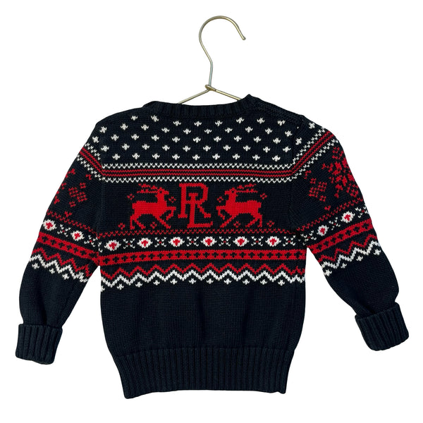 Ralph Lauren Black, Red, White Cotton 'RL' Reindeer Sweater - Size 24 Mo