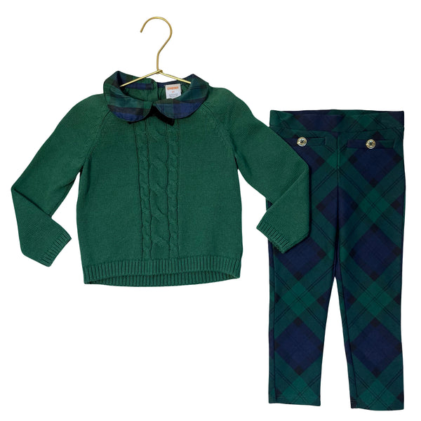 Gymborbee Green & Navy Tartan Plaid Leggings & Cotton Sweater Set - Size 2T