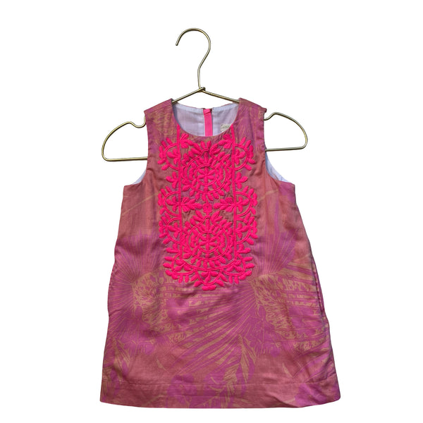 Crewcuts Pink & Peach Tropical Print Embroidered Shift Dress - Size 2