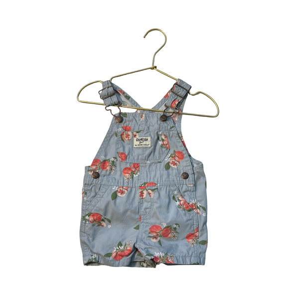 OshKosh Light Blue Peach Fruit Print Shortalls - Size 9 Mo