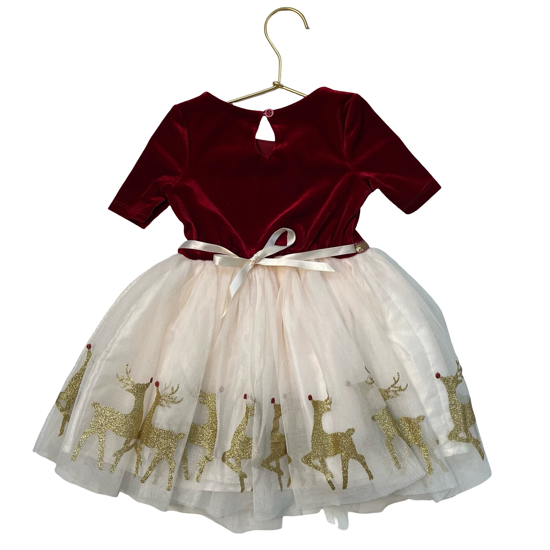 Zunie Red Velour & Ivory Tulle Glitter Reindeer Dress - Size 2
