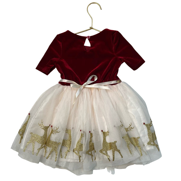 Zunie Red Velour & Ivory Tulle Glitter Reindeer Dress - Size 2