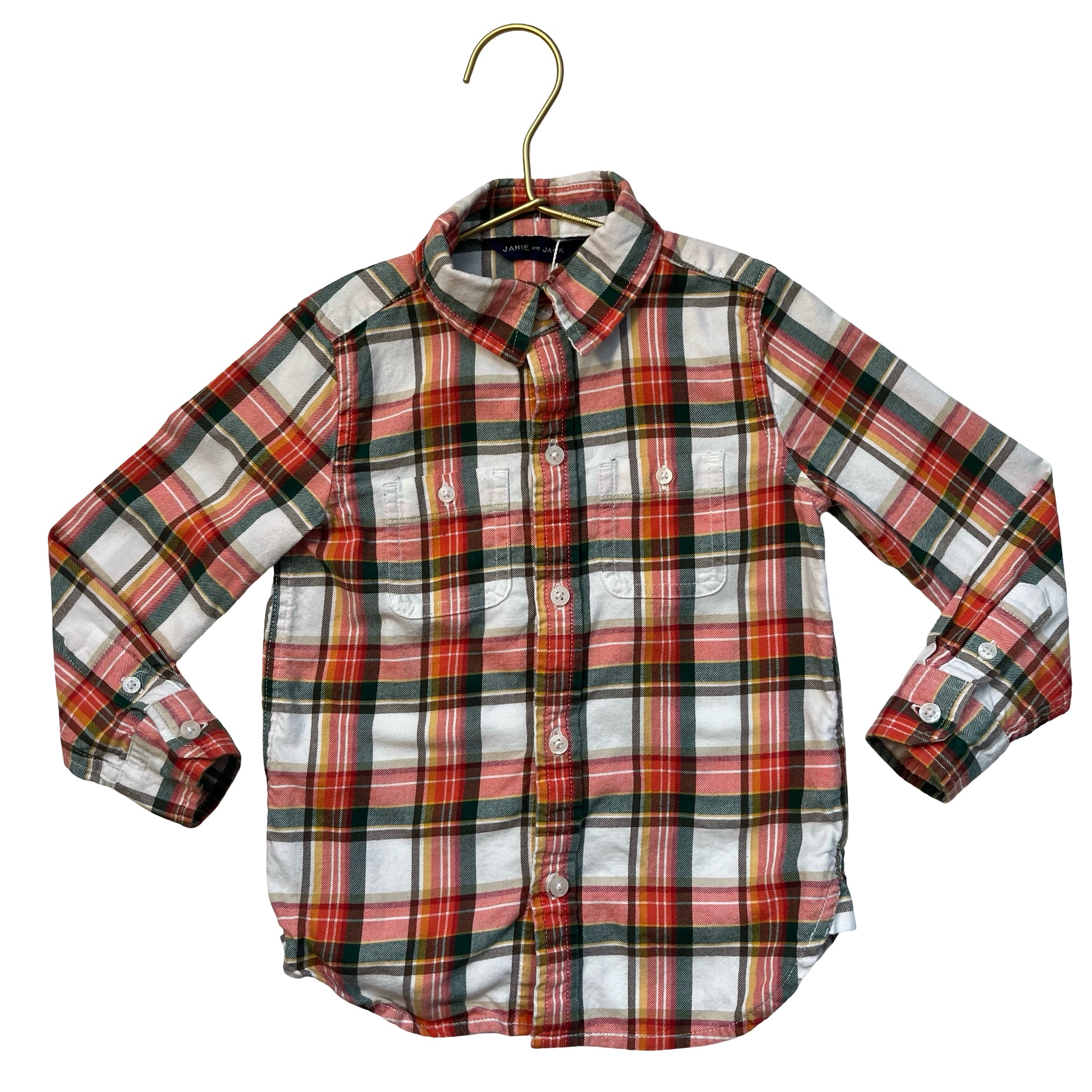 Janie and Jack Orange, Ivory, Green Plaid Button Down Shirt - Size 3