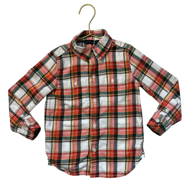Janie and Jack Orange, Ivory, Green Plaid Button Down Shirt - Size 3