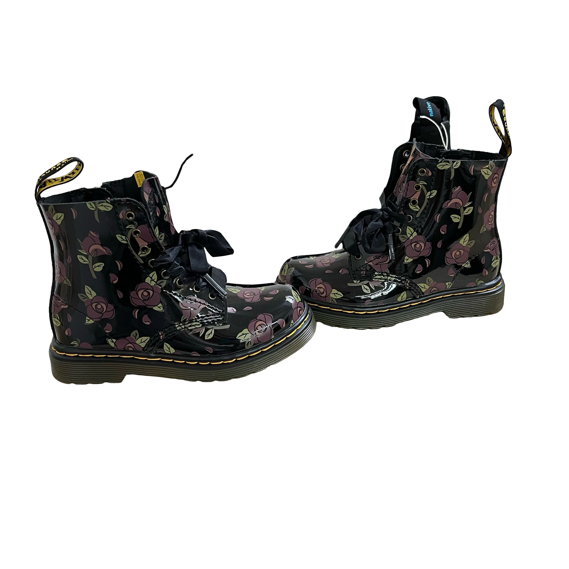Dr. Martens Black Flower Print Patent Boots - Size 10